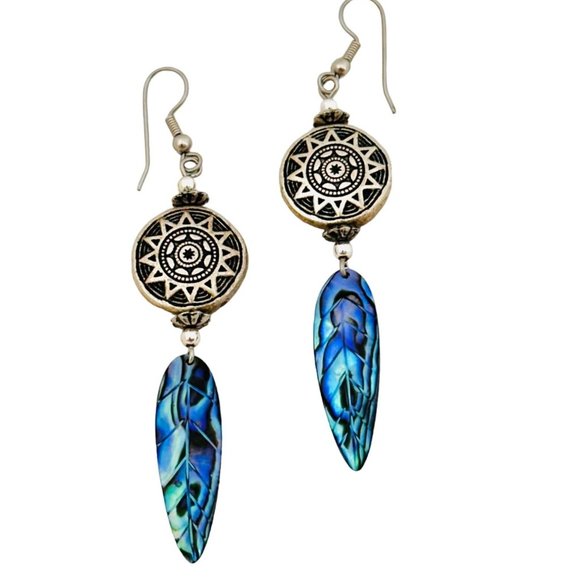 Silver Tone Earrings with Blue Paua Shell Drop - Picture 2 of 5